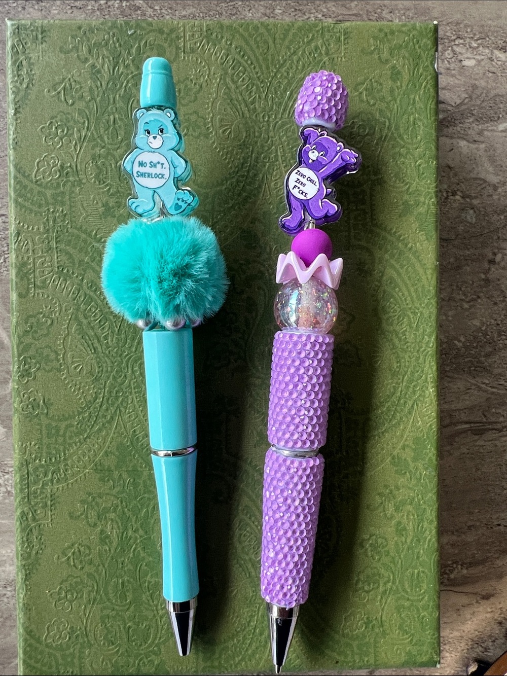 2x pens  Pom & Bead Ballpoint Pen Set - Teal and Purple bear funny novelty